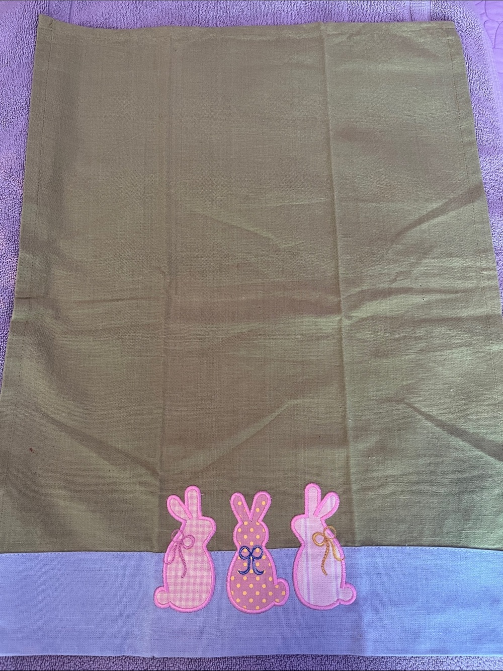 Vintage Easter Bunny Appliqué Kitchen Towel Green Cotton Spring Tea Towel